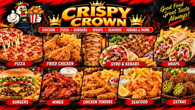Crispy Crown menu highlights: pizza, fried chicken, gyro and kebabs, wraps, burgers, wings, chicken tenders, seafood and falafel
