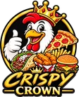 Crispy Crown logo: a crowned rooster giving a thumbs up with pizza, wraps, fried chicken and a burger