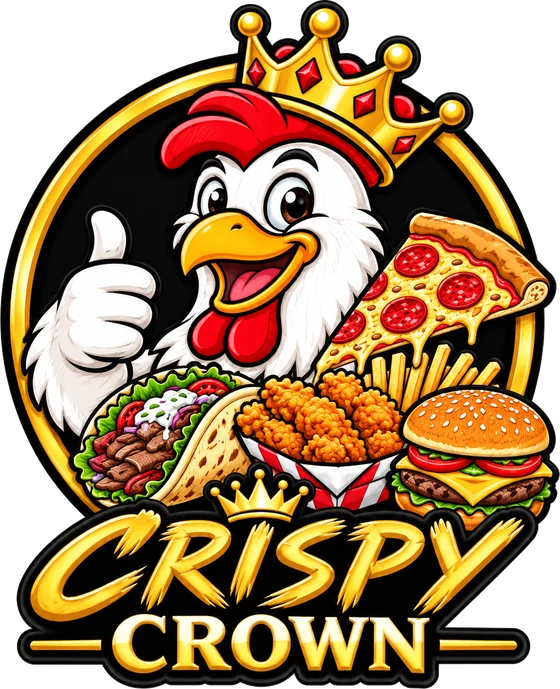 Crispy Crown logo: a crowned rooster giving a thumbs up with pizza, wraps, fried chicken and a burger